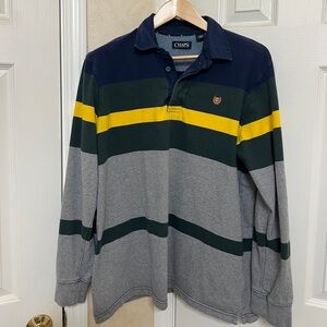 Chaps Men's Polo Shirt with Navy, Yellow, and Gray Stripes